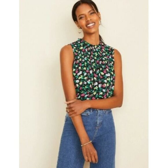 Ann Taylor Floral Smocked Yoke Mixed Media Shell Tank Top L - Picture 1 of 4
